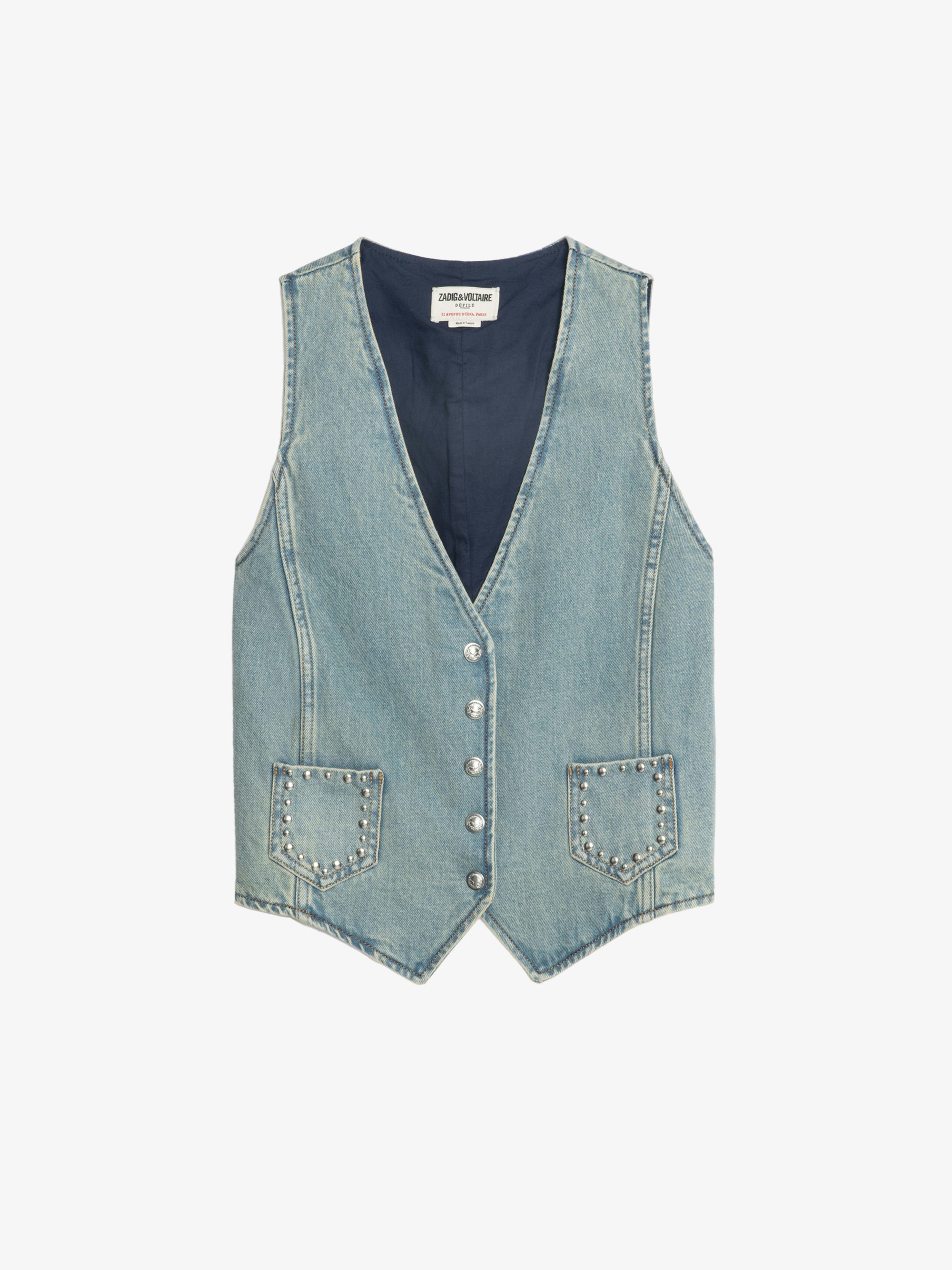Gillier Denim Vest - This sleeveless denim vest is punctuated with silver studs and a raw edge finish—distressed just right. Layer it over everything, wear it like armor. Bold, free, undeniably Zadig.